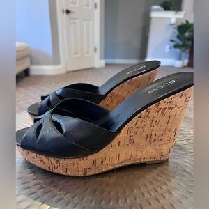 GUESS Black Leather Cork Wedge Mules - Size 9 1/2